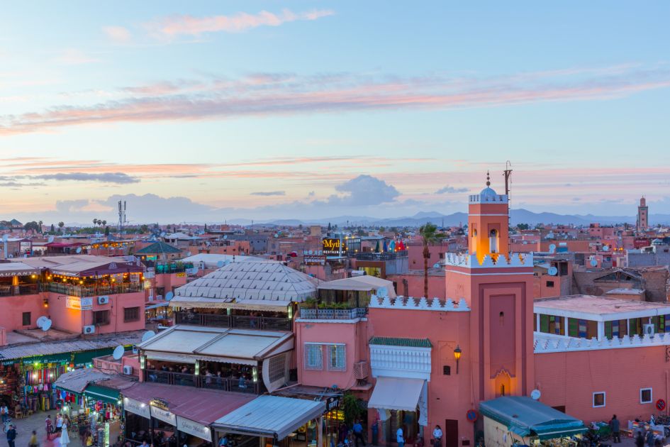 Sunset over the Souks of Marrakech. This is a must-visit during your luxury villa holiday in Morocco.