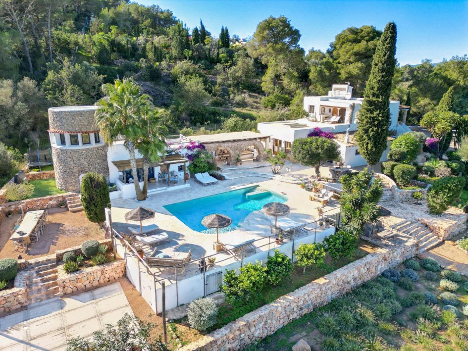 Drone shot of Villa Can Belen, a lovely family friendly luxury villa in Ibiza.