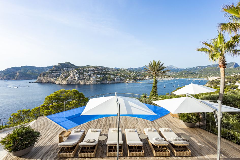 View of Port Andratx from the main terrace at Villa Minerva in Mallorca.