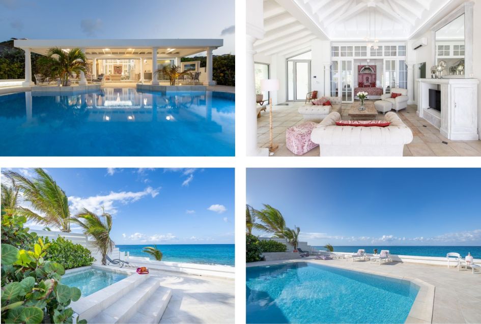 Collage of Villa La Perla Bianca in Saint Martin, a luxury beachfront villa with swimming pool and Jacuzzi for 2 guests.