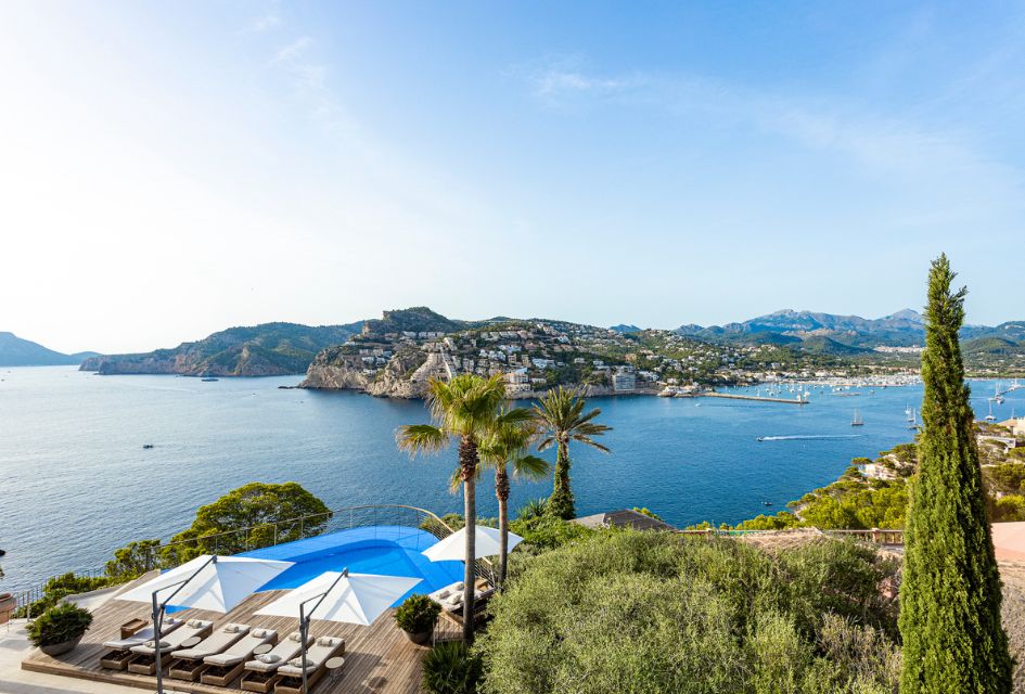 View over Port Andratx from the terrace of Villa Minerva, one of our luxury villas near the beach in Mallorca.