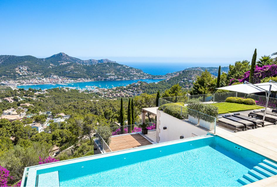 A view over Port Andratx from the terrace of the luxury villa in Mallorca, Finca Finesse, with the outdoor swimming pool in the foreground. 