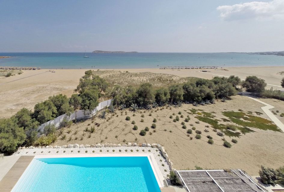 Aerial view of the Golden Beach in Paros from The Golden Beach House, with the Aegean Sea in the background