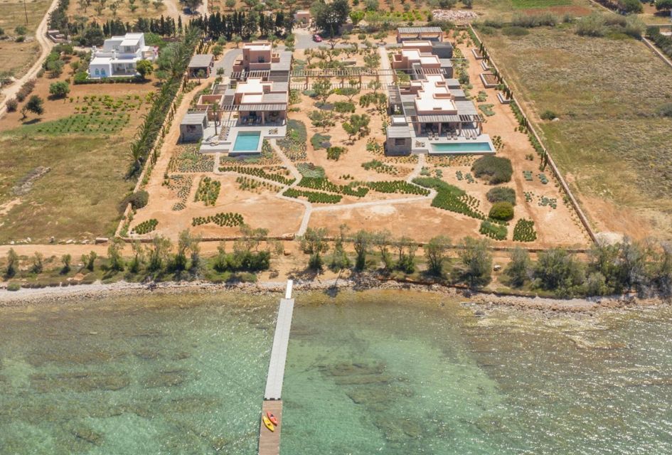 Drone view of the Dumaresq Estate made of the North Villa and South Villa, two large villas in Greece.