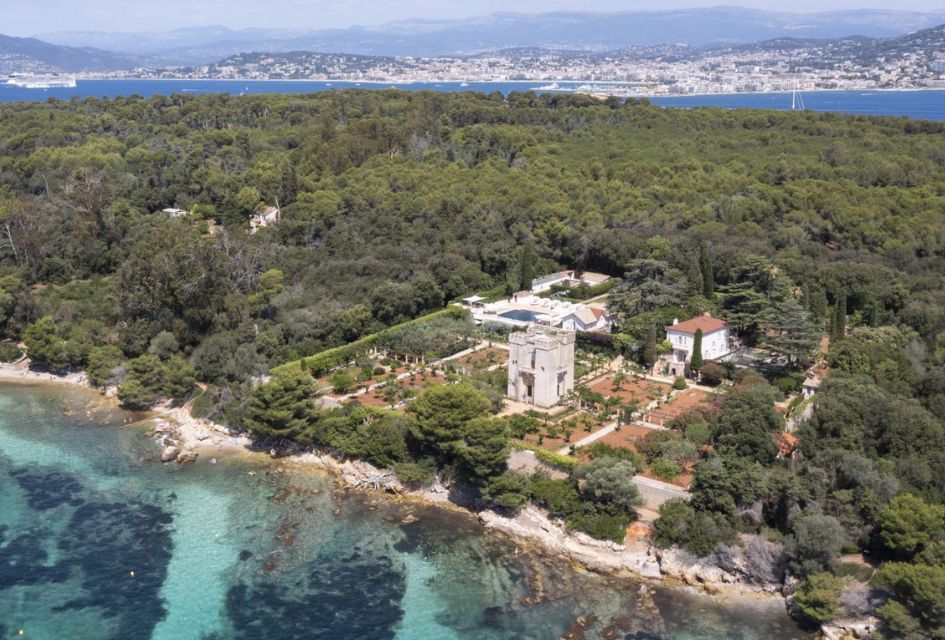 Drone view over St Marguerite Island and Le Grand Jardin, an ultimate large luxury villa in Cannes.