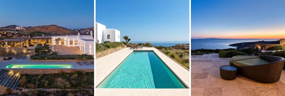 Collage of Villa Dante, a luxury villa in Mykonos, showcasing the whitewashed exteriors of the villa at night, the infinity swimming pool and one of the outdoor lounge areas. 