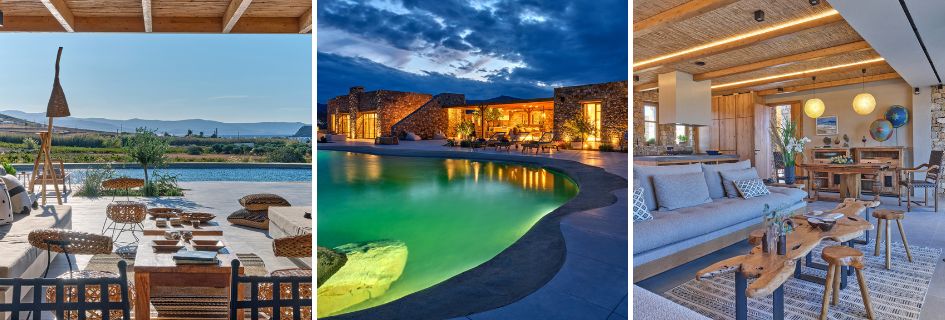 Collage of Villa Desert Rose, a luxury villa in Paros, showcasing the alfresco dining area, the swimming pool at night and the main seating area.